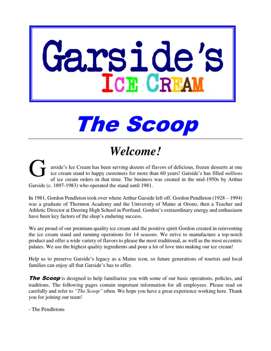 First page of The Scoop, the Garside's employee manual