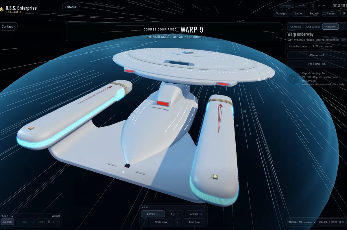 The Enterprise-D at warp 9 inside its blue warp bubble, course confirmed for the Badlands, the missions panel open on the right.