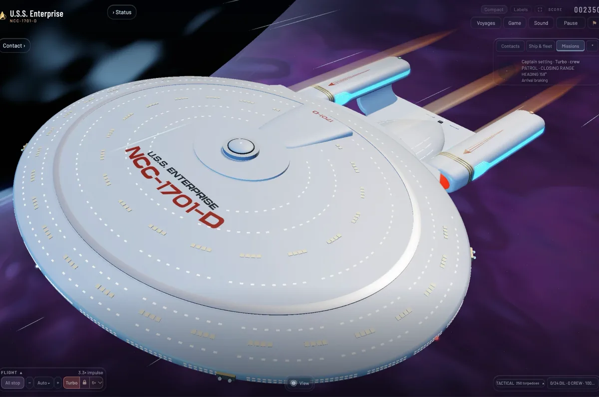 The saucer filling the frame as the ship brakes on arrival, the nacelles glowing behind it.