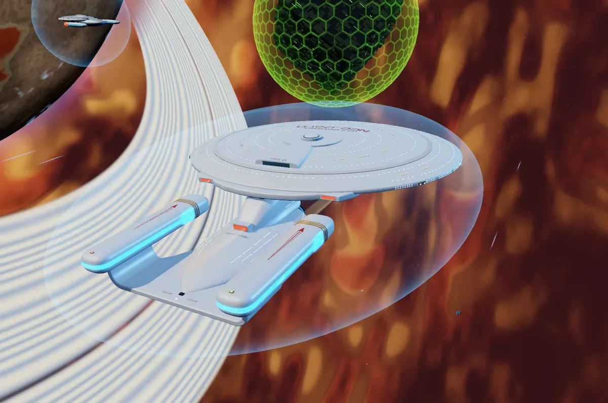 The ship under its shields at the end of a warp jump, a Borg cube above it and a planet with a second ship behind.