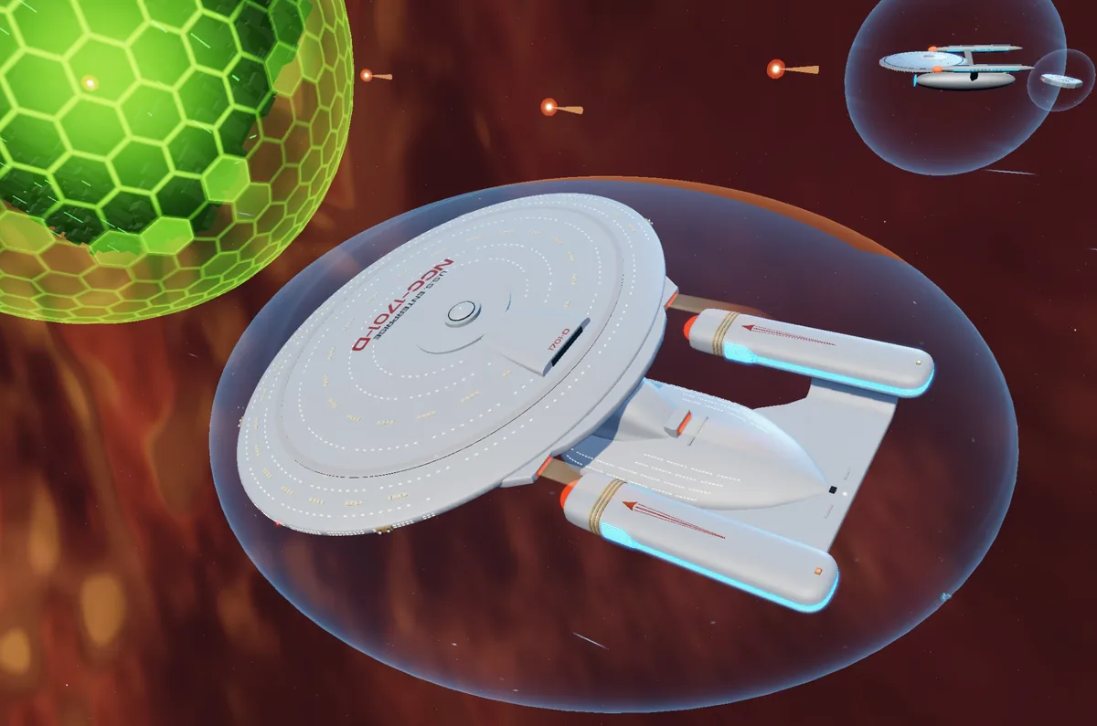 The saucer in combat, torpedoes in flight, a Borg cube at the left and a second Federation ship behind.