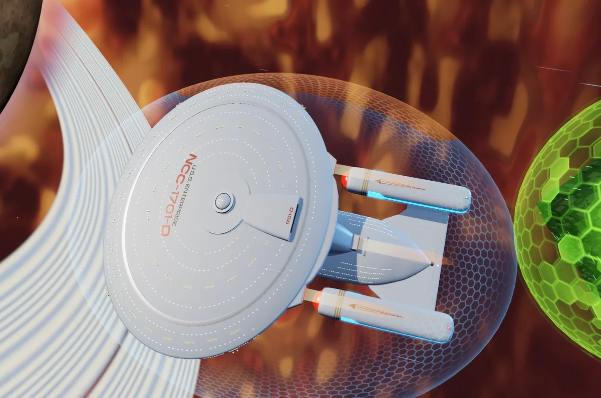 The saucer from above inside its shield bubble, beside a Borg cube in the Badlands.