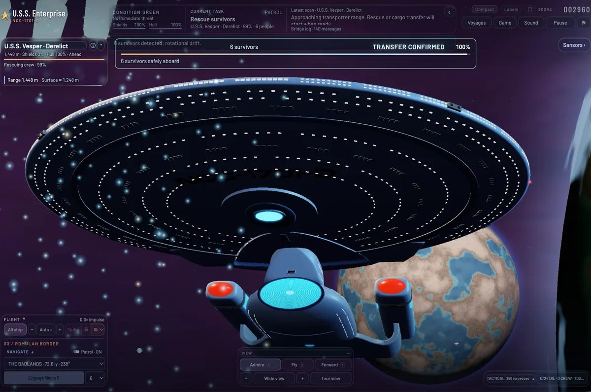 The night side of the saucer during a rescue: six survivors beamed aboard from a derelict, a planet below.