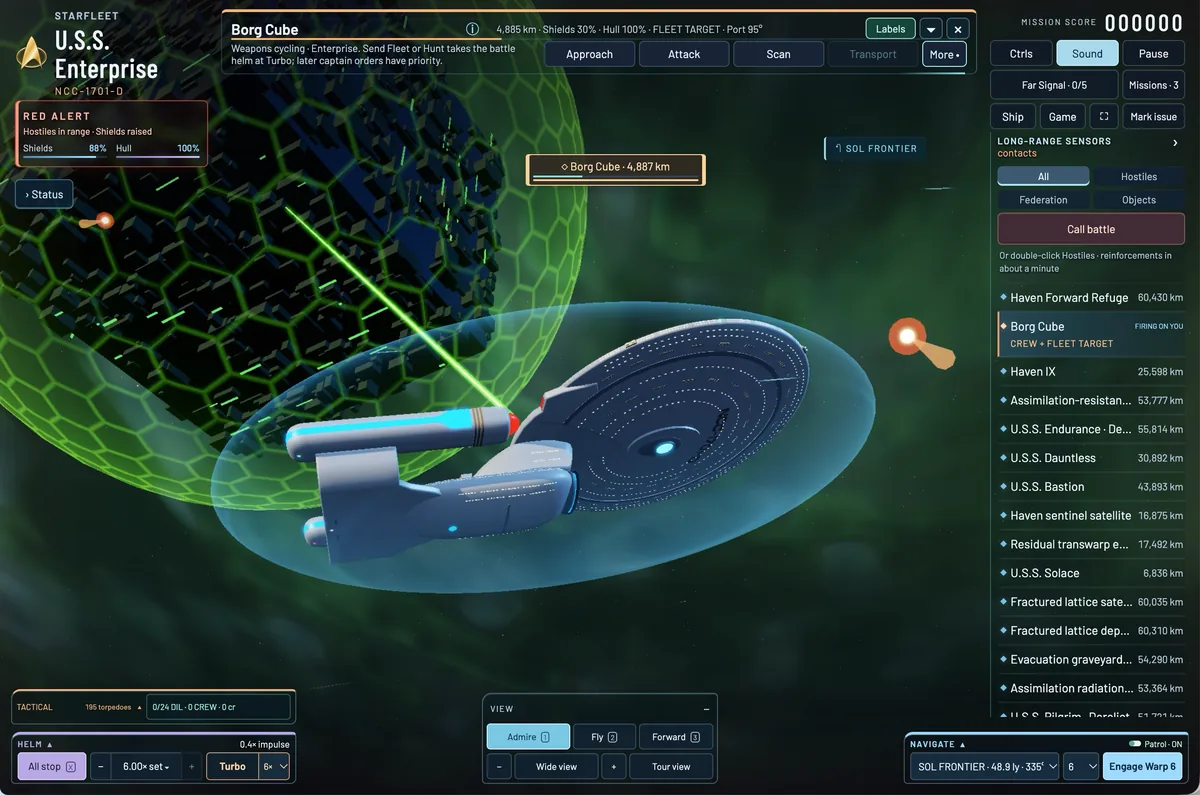 The Enterprise-D Flight Deck at red alert: shields up as a Borg Cube fires a green beam at the ship, with helm, tactical and long-range sensor panels around the view.
