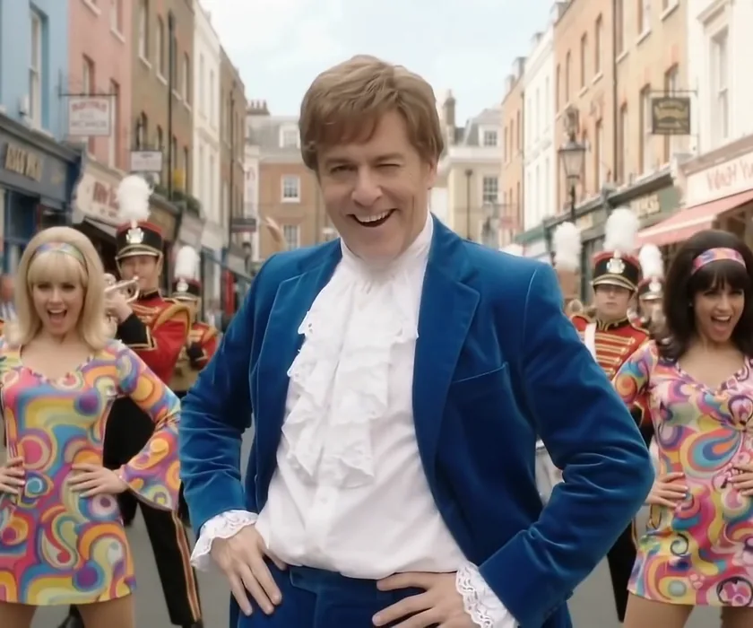 Eric in a blue velvet suit and ruffled shirt, winking, hands on hips, between go-go dancers and a marching band on a London street