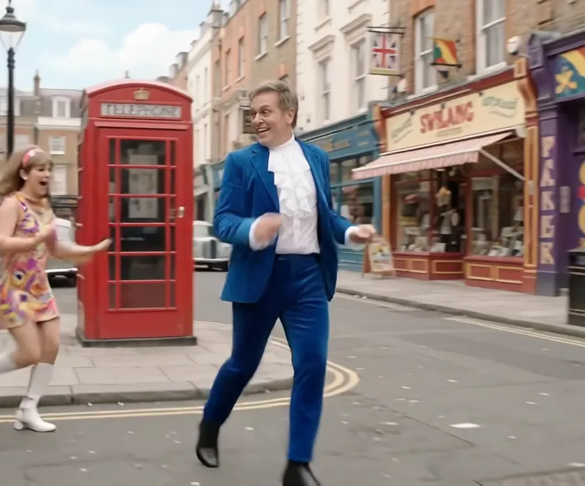 Eric in a blue velvet suit and ruffled shirt, dancing past a red telephone box on a London street
