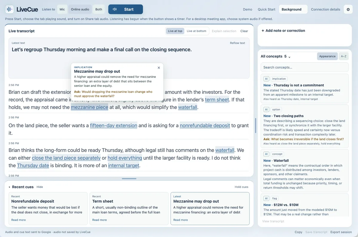 LiveCue during its demo: a live transcript of a financing discussion with terms underlined, a pop-up explaining that the mezzanine loan may drop out with a question to ask, and a concepts panel on the right.