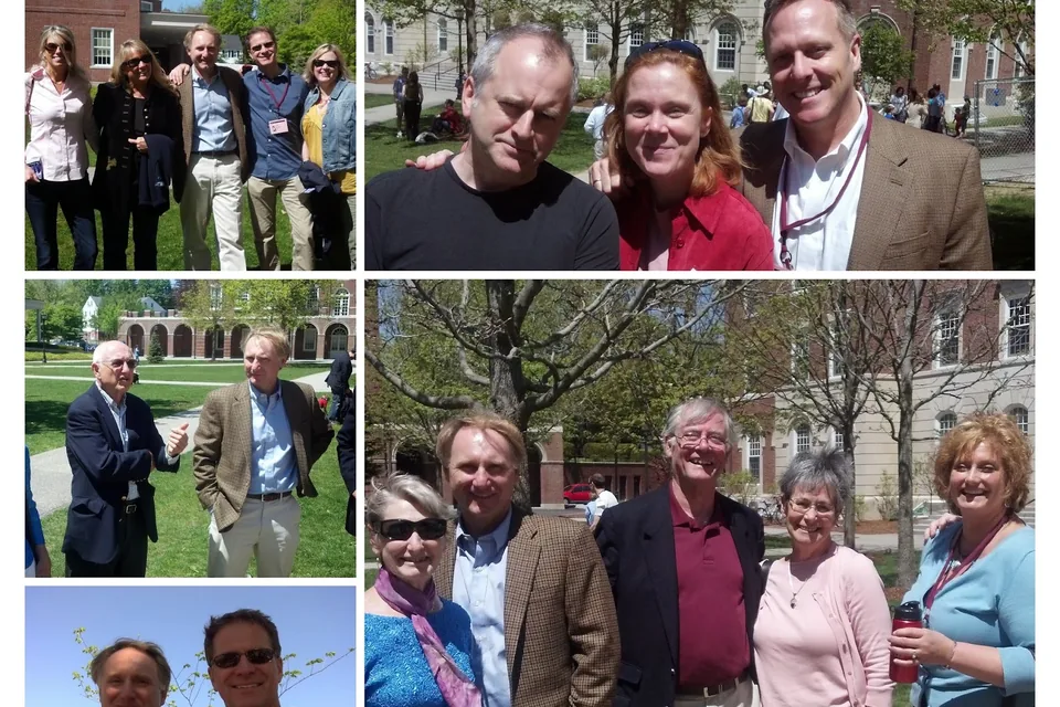 A collage of classmates on the Exeter campus at the 25th reunion.