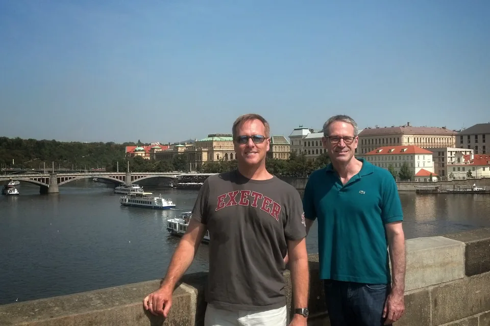Eric with a friend on the Charles Bridge in Prague in 2012.