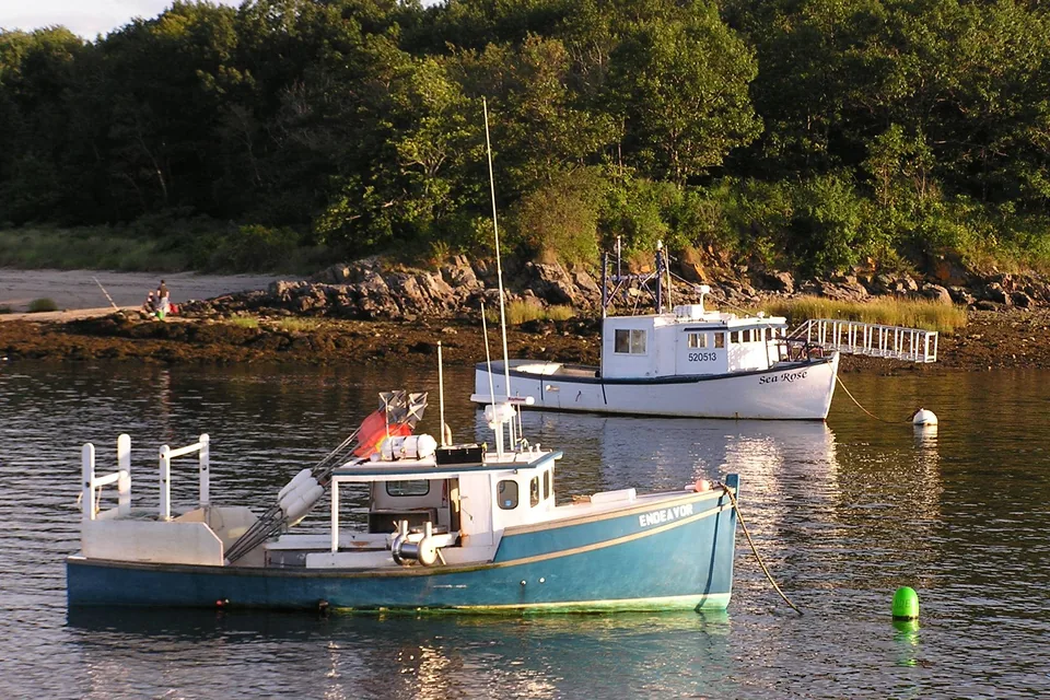 Two lobster boats moored off a rocky, wooded shore on the Saco River in evening light.